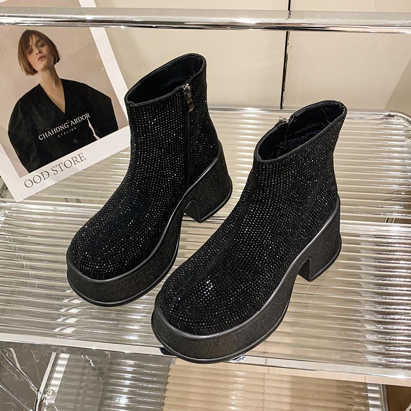 Fashion Women's Round Head Full Drilling Side Zipper Thick Sole Anti-slip Wear-resistant Short Boots Winter New Thick Heel Boots