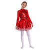 Mädchen Metallic Tutu Kleid Pailletten Durchsichtiges Mesh Langarm Design Schlüsselloch Rücken Funkelndes Tanzkostüm