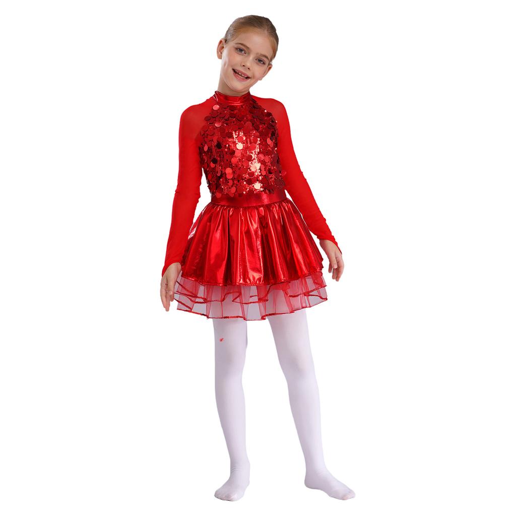 Mädchen Metallic Tutu Kleid Pailletten Durchsichtiges Mesh Langarm Design Schlüsselloch Rücken Funkelndes Tanzkostüm