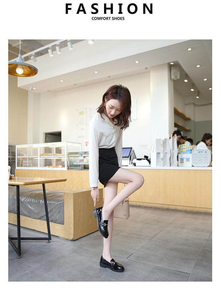 Women's British Style Genuine Leather Chunky Heel Shoes with Gold Buckle - Glossy Round Toe, Silent Commute, All Season Wear