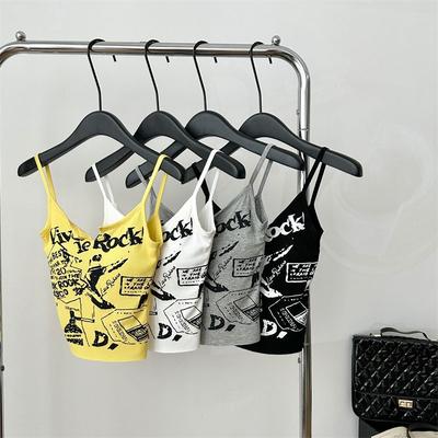 Retro Hot Girl Hosenträger Schönes Weste für Damen Sommer Neu V-Ausschnitt Bedruckt Graffiti Nabel Slim Fit Top