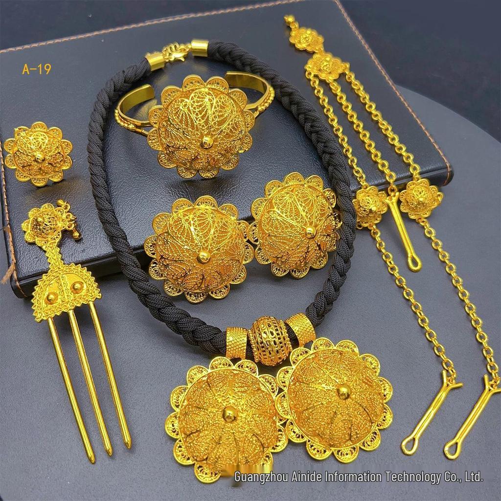 Set di Gioielli in Lega Placcata Oro Vietnamita per Spose Africane: Ornamenti Etiopi da Donna in Sei Pezzi.