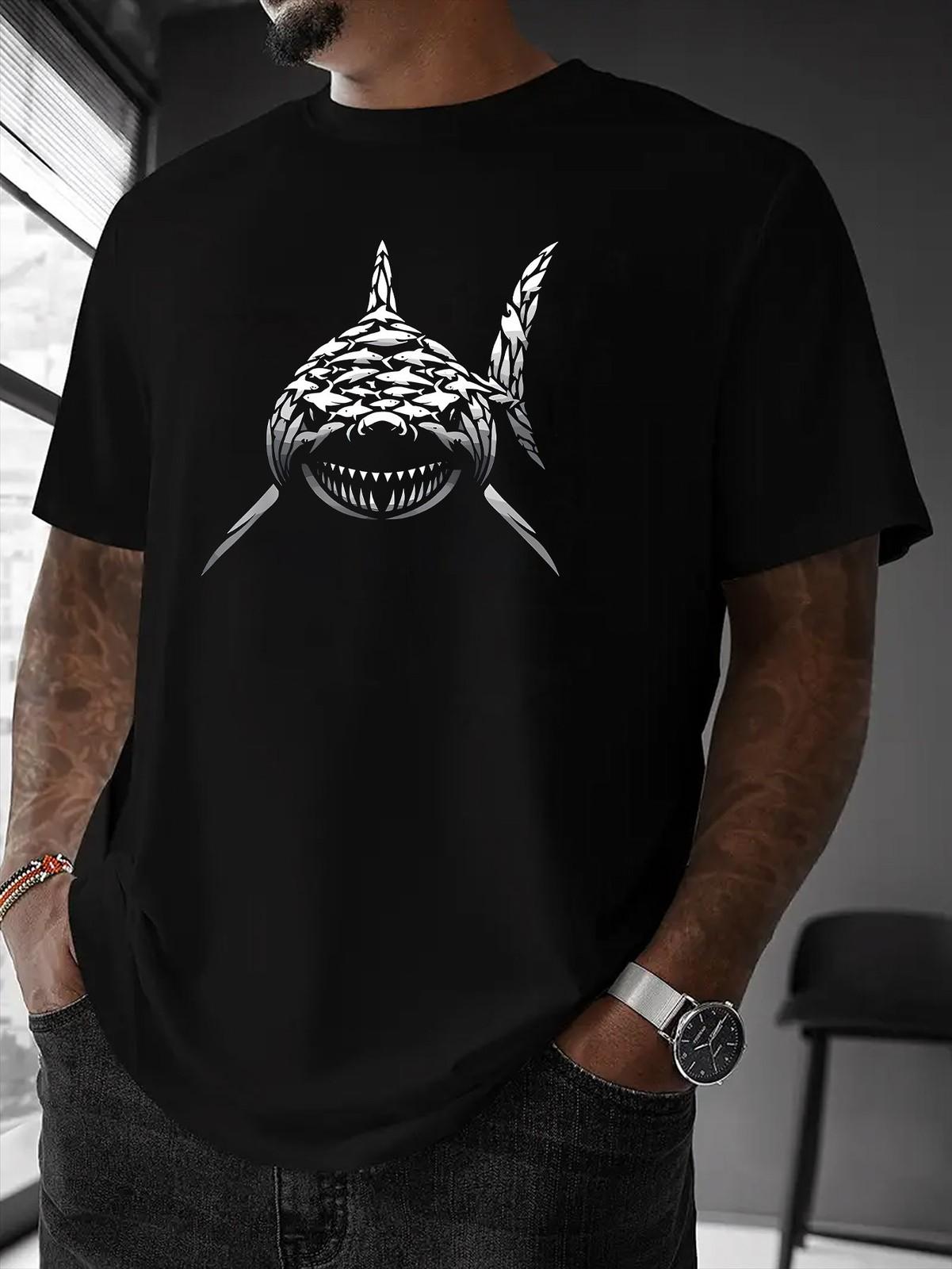 Trendy Shark School Print T-Shirt American Graffiti Letter Uni S