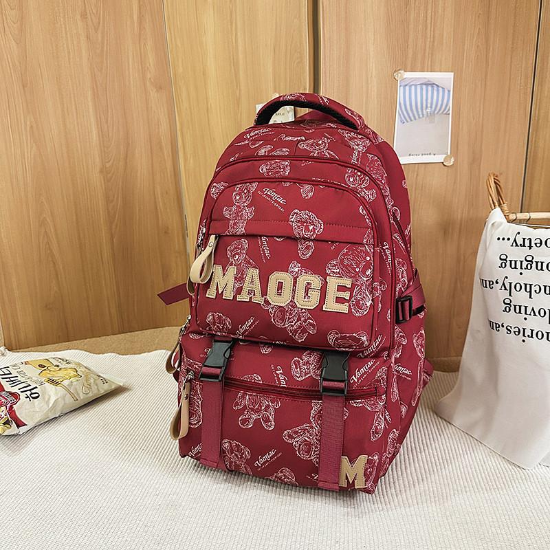 

Print Bear Pattern Backpack With Nylon Construction Ergonomic Air Cushion Straps Red