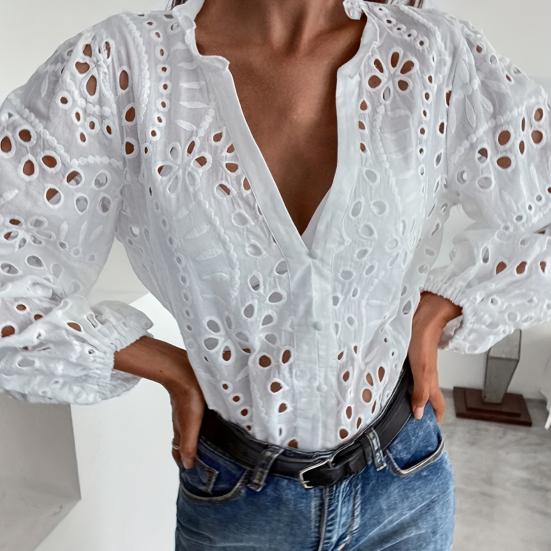 Yousheng Damen Bluse V-Ausschnitt Laternenärmel Langarm Einreihig Hemd Oberteile Rüschendetails Aushöhlendesign Freizeitbluse