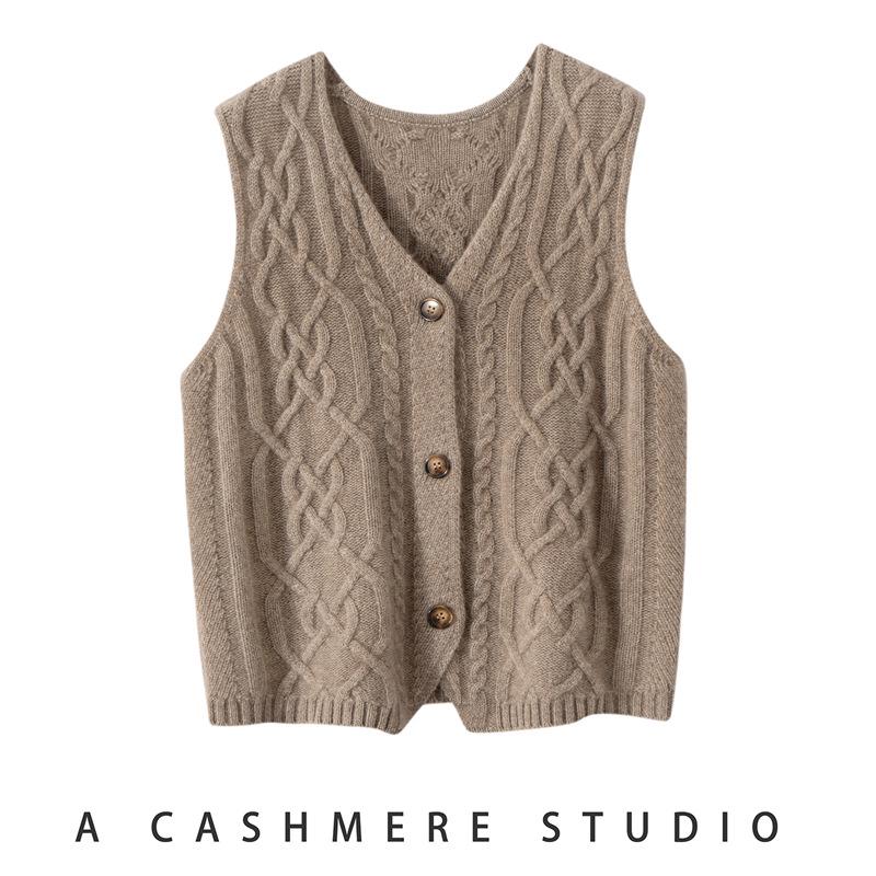 Women's 100% Pure Cashmere Cable Knit V-Neck Sleeveless Cardigan