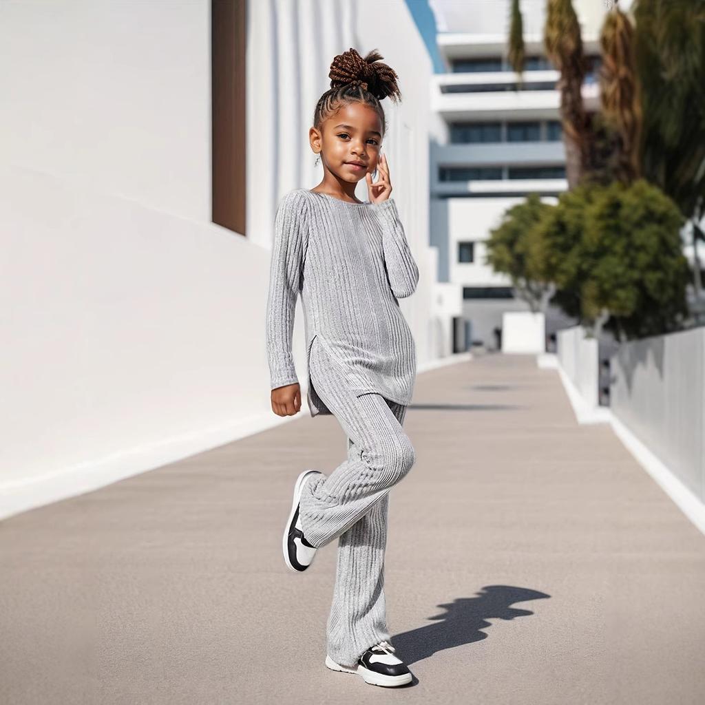 Girls' Fashionable Long-sleeved Knitted Top with Flared Pants Set - Summer Children's Casual Outfit