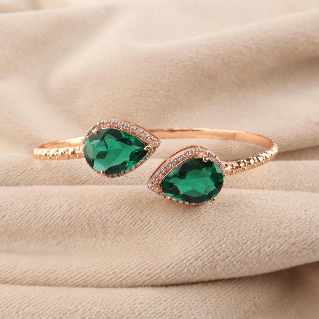 Chrome Diopside Gemstone 925 Sterling Silver Zircon Cuffs Bangles Best Birthday Gift For Your Wife ( Available with Gold/Rose Gold Plated ) CZC-1-2
