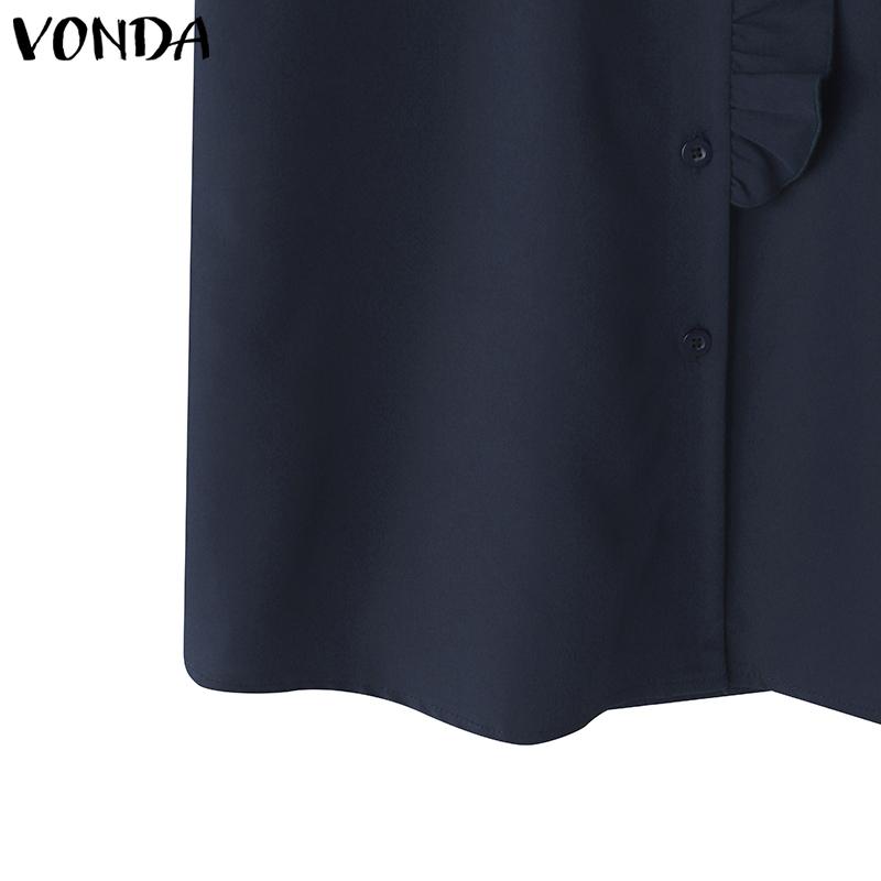 VONDA Women Ruffled Stand Neck Short Sleeve Buttons Up Casual Blouse