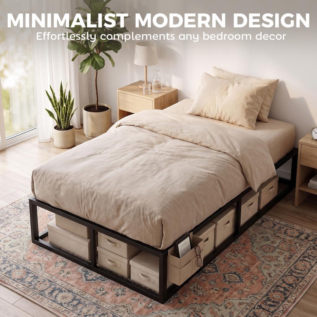 12 Slats Metal Platform Bed Frame, 3ft Single Bed Frame with Storage Bag and Anti-Slip Pads, Black