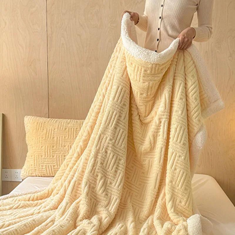 Thick Jacquard Lamb Wool Blanket Solid Color Double-Layer Keep Warm Carved Blanket Multi Functional Leisure Nap Quilt for Office