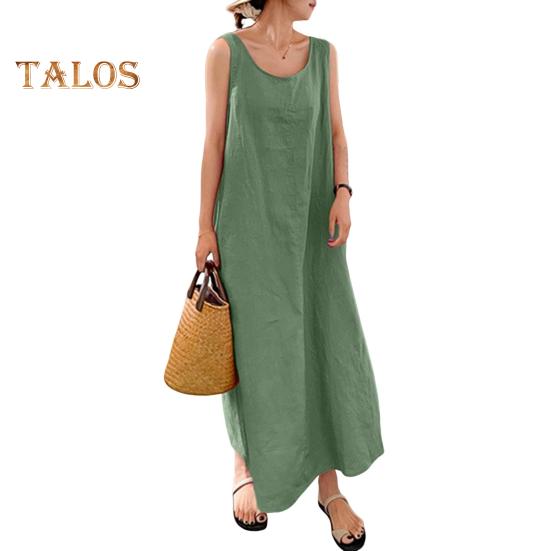 Summer Maxi Dress O Neck Sleeveless A-line Loose Pure Color Pullover Ankle Length Daily Wear Homewear Long Dress