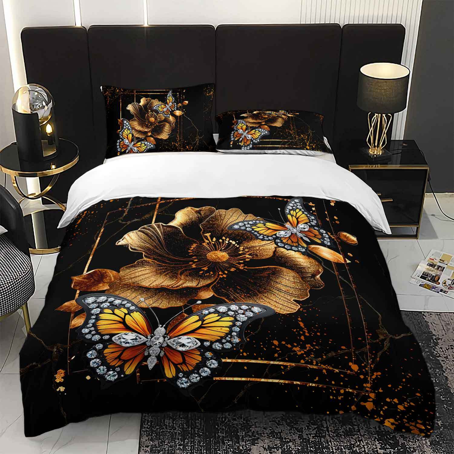 

Luxury Bedding Set Featuring a Butterfly And Floral Design, Including a Duvet Cover And Two Pillowcases, But No Comforter Duvet Cover Set&EU Single(135x200cm)