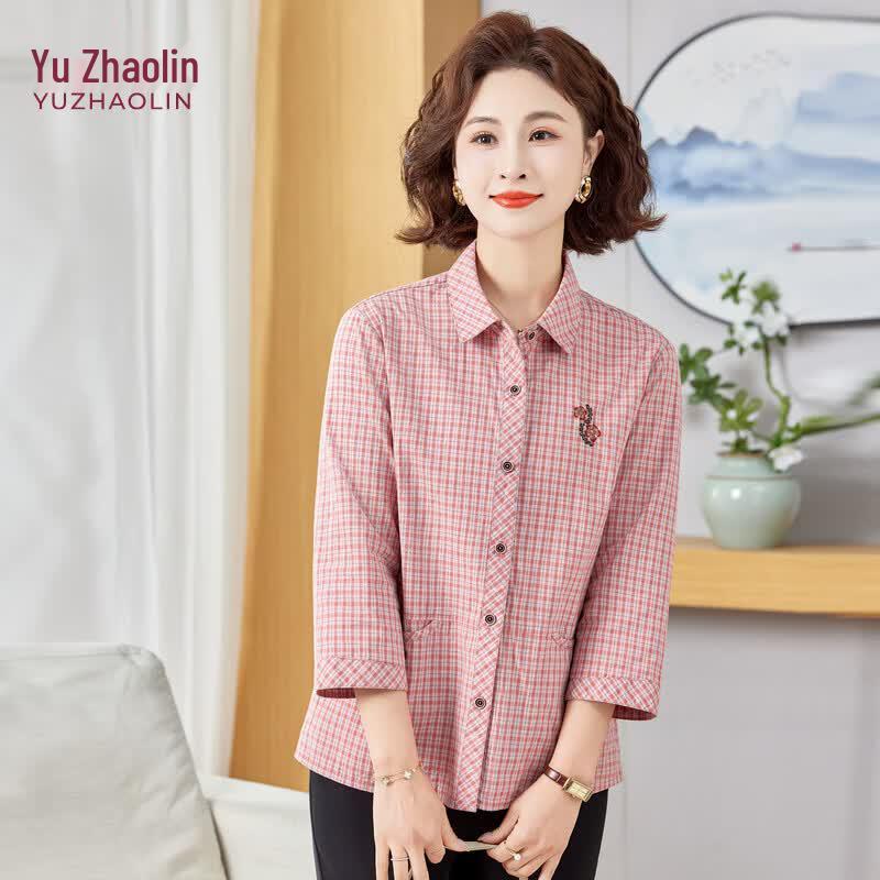 YUZHAOLIN Women s Summer 3/4 Sleeve Plaid Shirt L