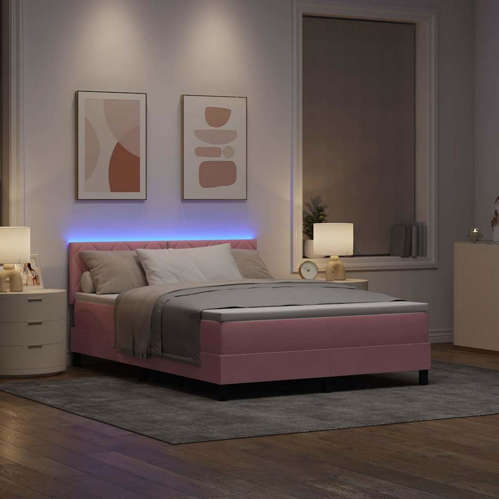 LED Box Spring Bed with LED Light Strips Pink 140 x 200 cm Velvet