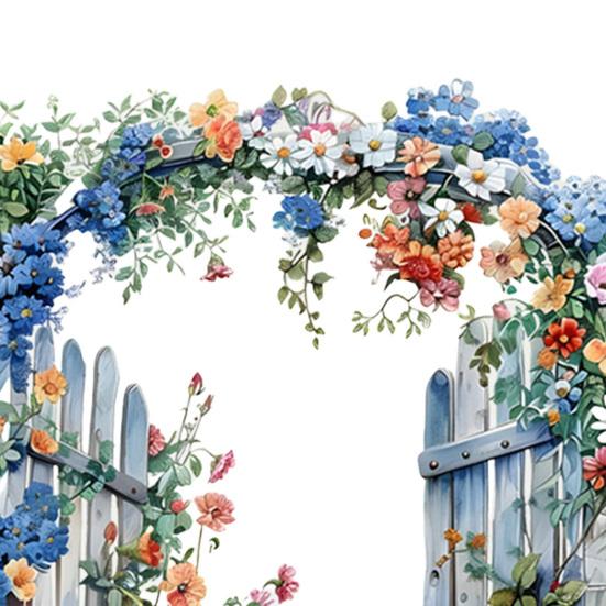 Removable Garden Gate Wall Decal Spring Flowers Peel And Stick Wall Art Waterproof Self Adhesive Mural Decal for Bedroom Office Bathroom