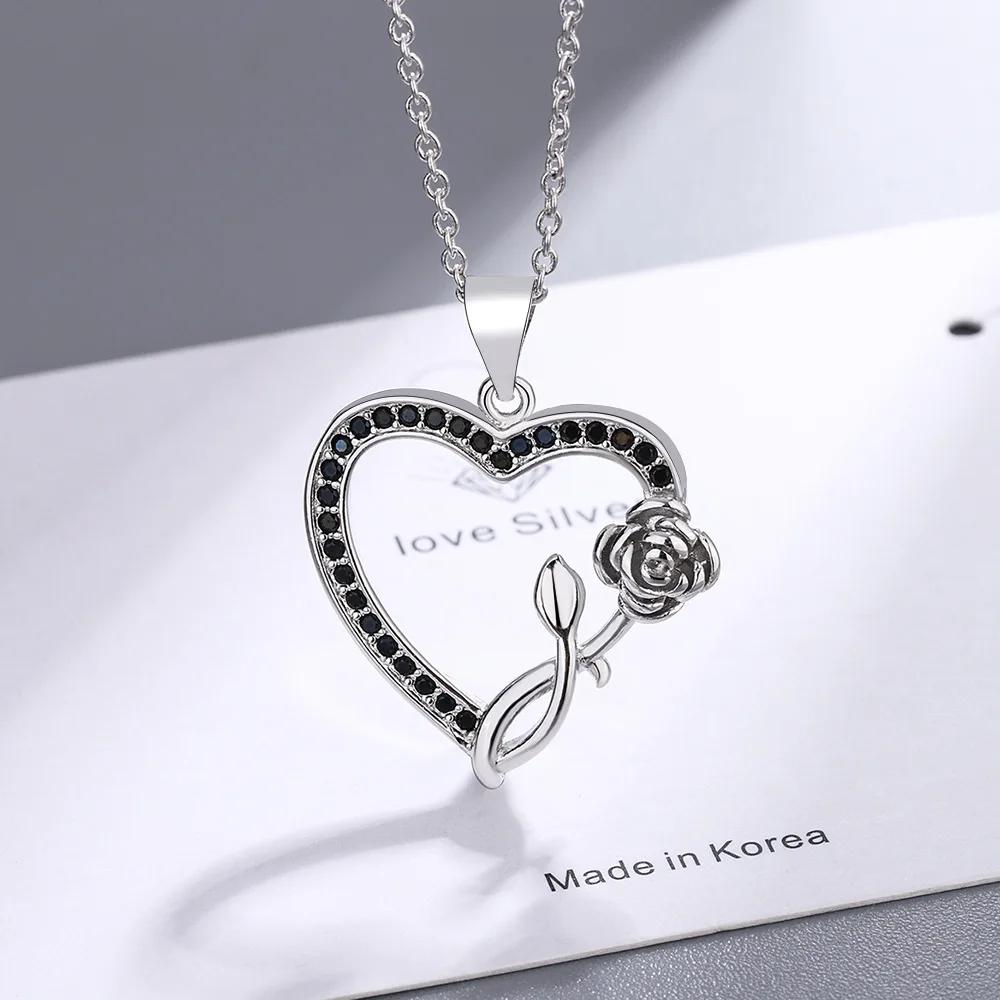Sterling  Love Rose Black Zircon Pendant Necklace (40cm +5.0cm) Luxury Jewelry Free Shipping Offer