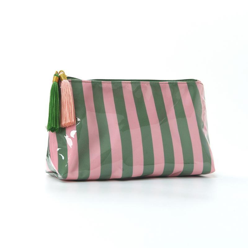 PVC Striped Cosmetic Bag Fringe Trim Waterproof Zipper Closure Portable Makeup Pouch Lightweight Toiletry Case for Travel