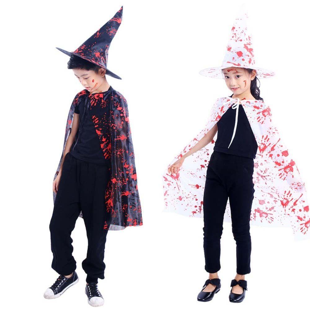 Blood Printed Halloween Blood Costume Cosplay Props Horror Cape Witch Cloak Hat Set  Decoration