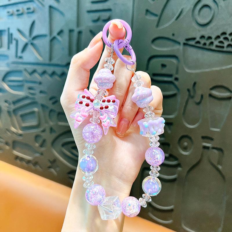 

Кавайная цепочка для телефона с патчем-прокладкой, шармом в виде бантика и бусин, ремешком на запястье против потери, подвеской для чехла для наушников, украшением для сумки фиолетовый