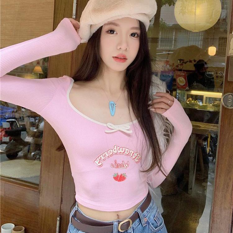 

Милые укороченные топы, модные летние футболки для женщин, футболки с длинным рукавом и квадратным воротником, туника, повседневная футболка Y2k S