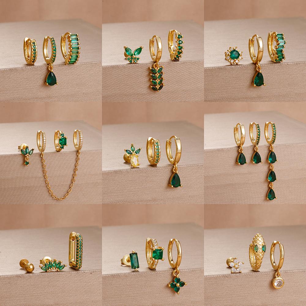 3PCS Exquisite Green CZ Zircon Water Drop Gold Color Earrings Set for Women Dainty Stackable Piercing Earring Luxury Jewelry