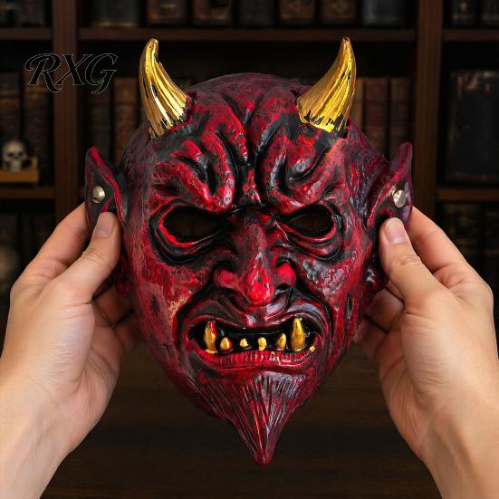 Párty Démonická Maska Halloween Červená Cosplay Maska, Strašidelný Zlatě Rohovatý Démon Latex Pohodlná Maškarní Kostým Párty Plná Tvář pro Muže Dospělé