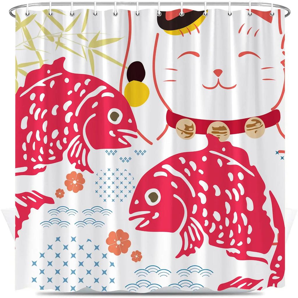 Zen Cat and Dragonfly Bath Curtain - High-Quality Waterproof and Mildew-Proof Bathroom Decor for a Calm, Oriental-Inspired Home