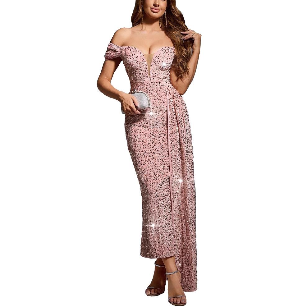 OS7036 Women's Off-the-Shoulder Sequin Sleeveless Dress: European and American Style