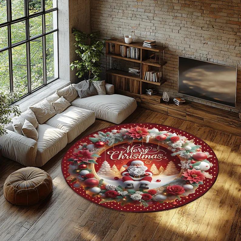 

Christmas Santa Workshop 3D Printed Rug Cozy Holiday Illusion Carpet Santa and Elves Floor Mat Christmas Living Room Decor 60cmx60cm
