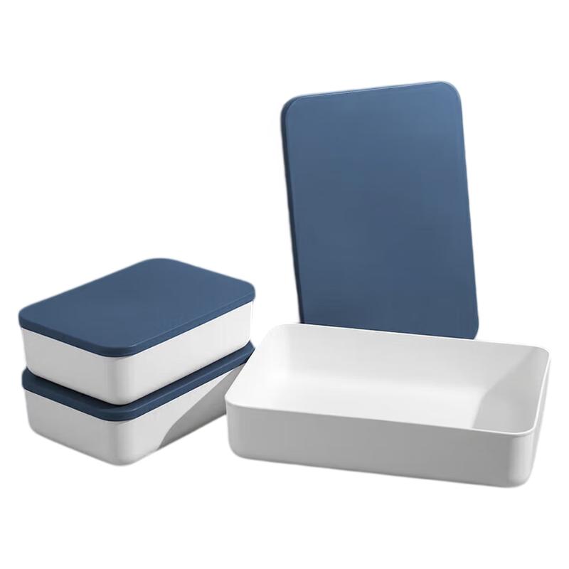 Storage Box, Desktop Organizer Basket, Kitchen Toy, Office Desk, Wardrobe Storage, Cosmetics Organizer Box, Flat Style with Lid, Blue 7.3L