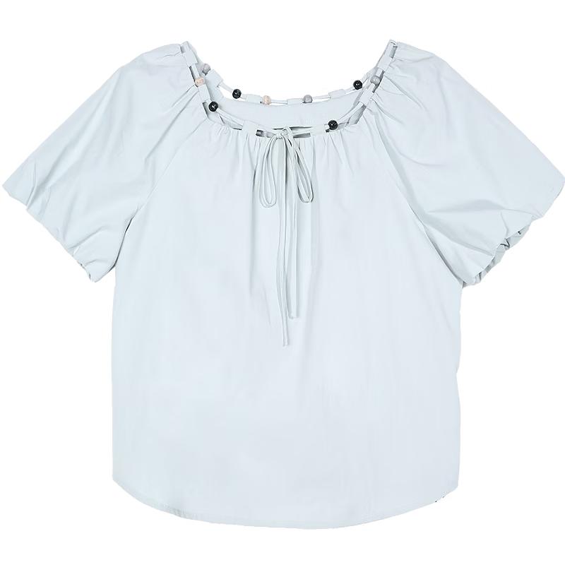 Baitu Women's Summer Beaded Tie-String Puff Sleeve Blouse