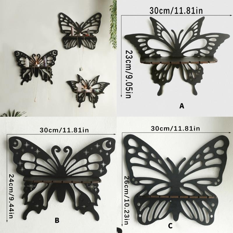 Black Hanging Shelf Crystal Holders Butterfly Shape Wood Cutout Floating Wall Shelves for Bedroom Living Room Decoration