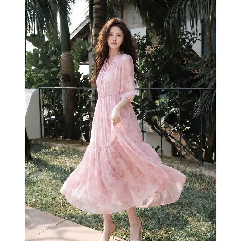 Demana New Chinese Style Printed Chiffon A-Line Maxi Dress S