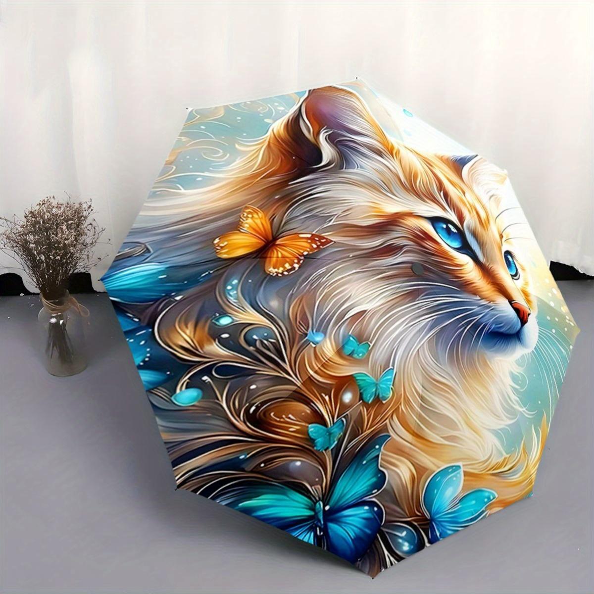 

Automatic Open/Close Umbrella with One-Touch Button - Elegant Cat & Butterfly Design, Compact Travel Umbrella with Windproof 8 Iron&8K