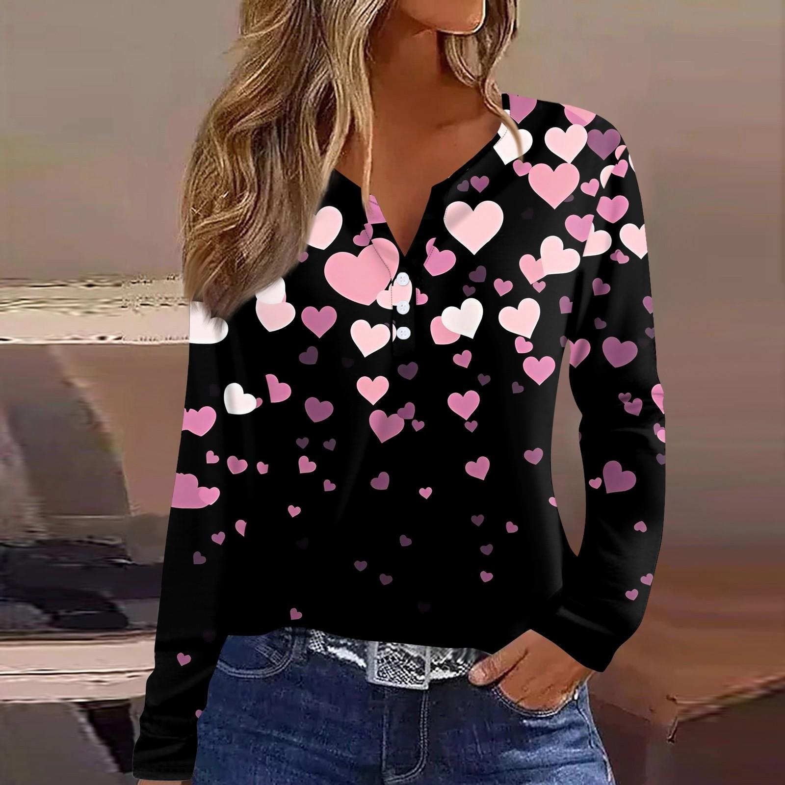 

Жіноча футболка Футболка на День Святого Валентина Туніка з довгим рукавом і ґудзиками Щоденна мода на вихідні Базовий V-подібний виріз Звичайний топ XXL