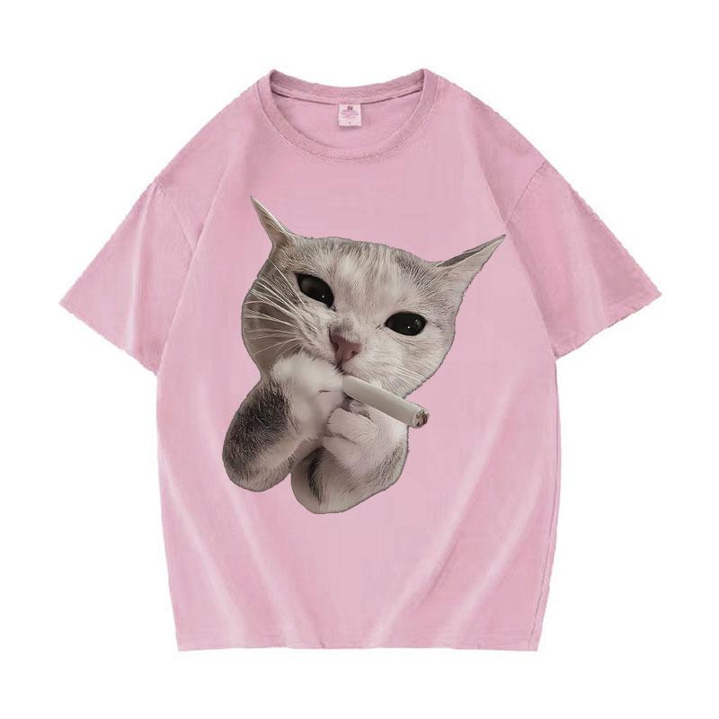 Mens and Women's Funny Cat Smoking Casual Crewneck T-Shirt Summer Graphics Oversized T Shirts Teenagers Clothes