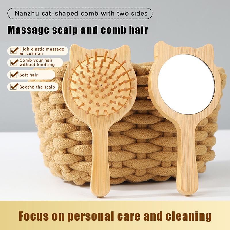 2-in-1 Katzenförmiger Kamm und Schminkspiegel Multifunktionaler Meridian-Massage Haushalts-Holz-Airbag-Kamm