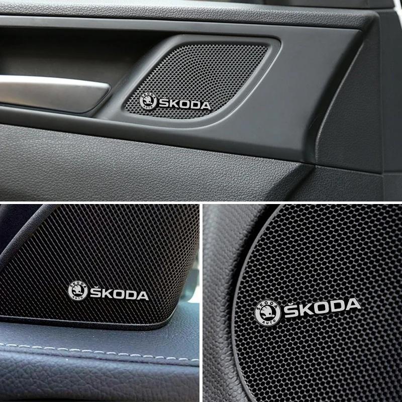 JNPV7 4pcs 3D Aluminum Speaker Stereo Speaker Badge Stickers for Skoda Octavia Kodiaq Kamiq Fabia RS Rapid Yeti Car Accessories Tools