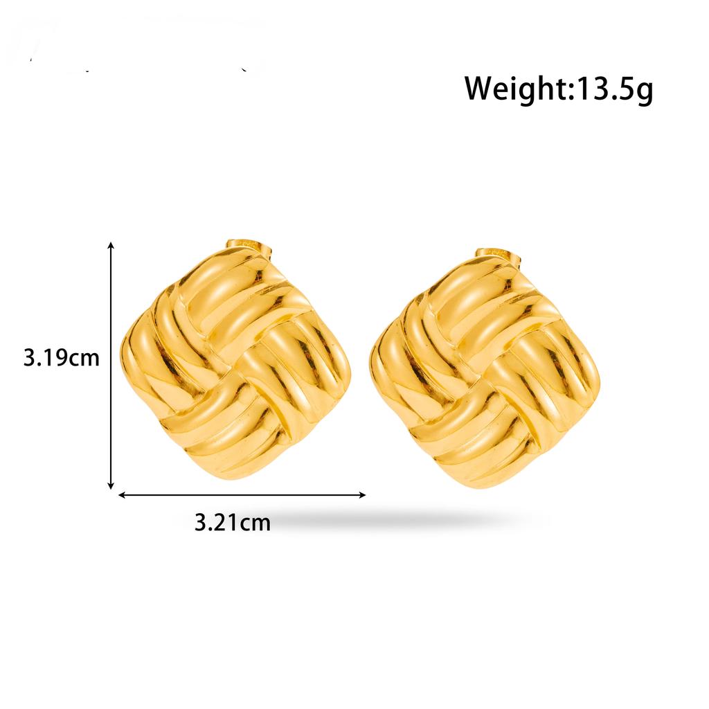 Vintage Fashion Chunky Jewelry 18K Gold Stainless Steel Square Striped Leaf Heart Stud Earrings for Women