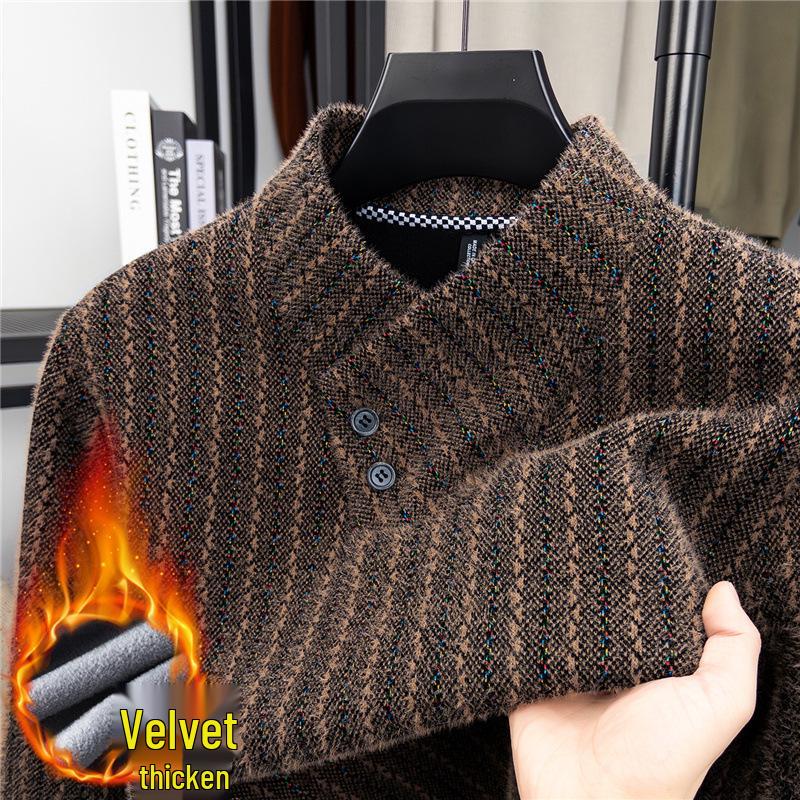 

Men s Fleece-Lined Sweatshirt with Scarf Collar - Winter Korean Style, Thick and Warm with Vertical Stripes. XL кавовий