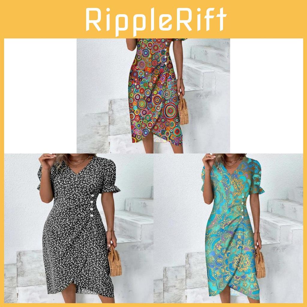 Geometric Pattern Short Sleeve Dress With 3d Digital Printing For Summer Casual Wear