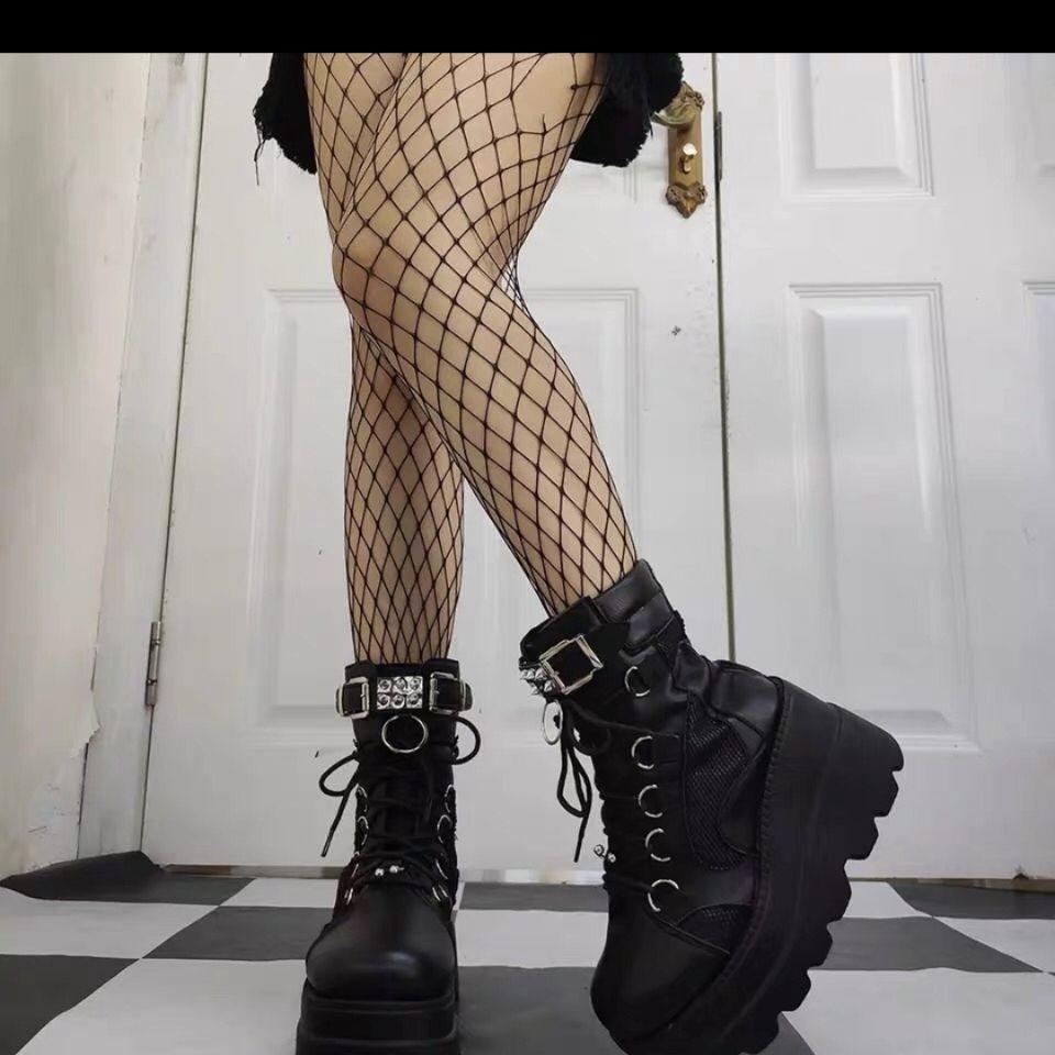 Demonia 9,5 cm Plateau Goth Punk Mid-Calf Motorradstiefel für Damen