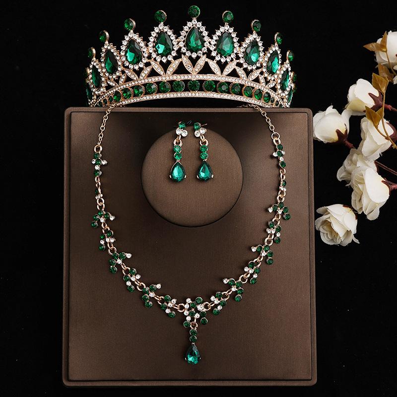 DIEZI Princess Bridal Rose Red Crystal Crown Tiara Women Girls Wedding Party Rhinestone Tiaras Necklace Earrings Jewelry Sets
