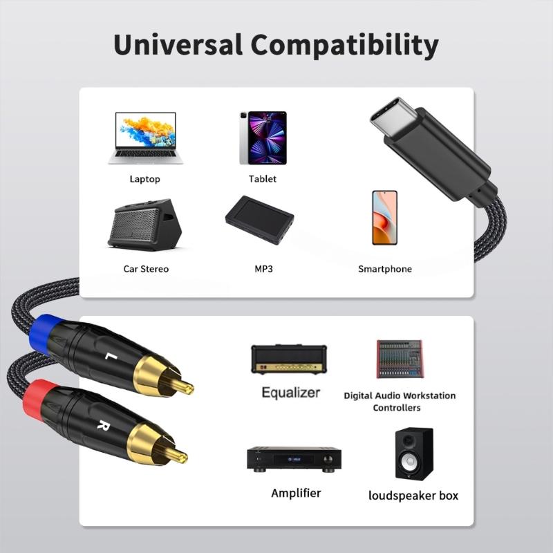 3.28ft Type C to 2RCA Cable, Insert and Play Adapter Cord Y Splitter Wire for Smartphone to Mixers Amplifiers