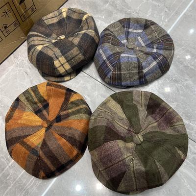 Autumn and Winter Woolen Plaid Forward Hat Men and Women Fashionable British Retro Newsboy Hat Literary Painter Hat Tide