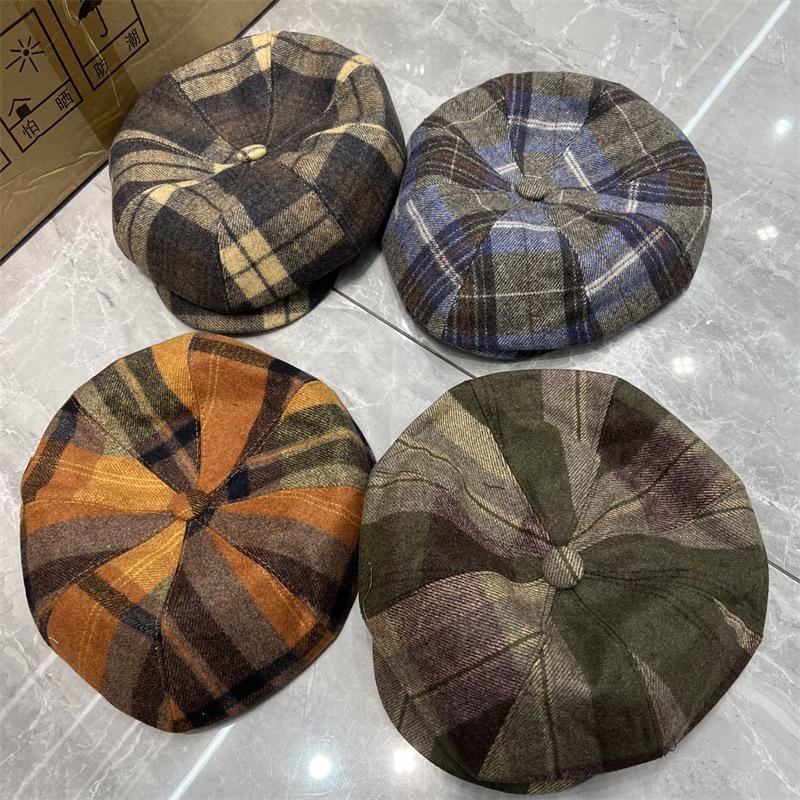 

Autumn and winter woolen plaid forward hat men and women fashionable British retro newsboy hat literary painter hat tide adjustable 54-58CM темно-синього кольору