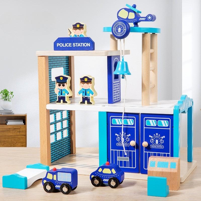 Детский деревянный игровой домик пожарная станция парковка симуляция машина модель персонажа строительная сцена парк развлечений игрушки