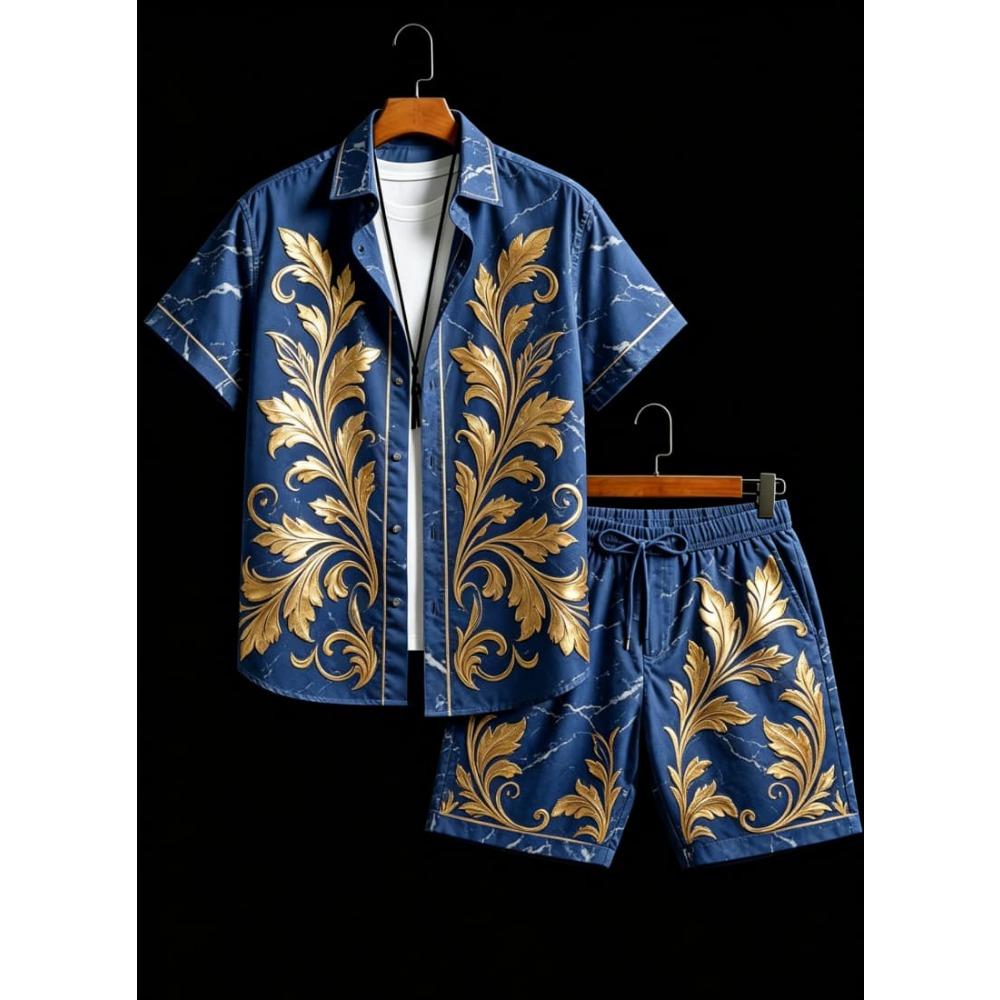 Men's Luxury Architectural Style Printed two-piece set, Short Sleeved Shirt And shorts, For Daily Wear And Exotic Luxury Style
