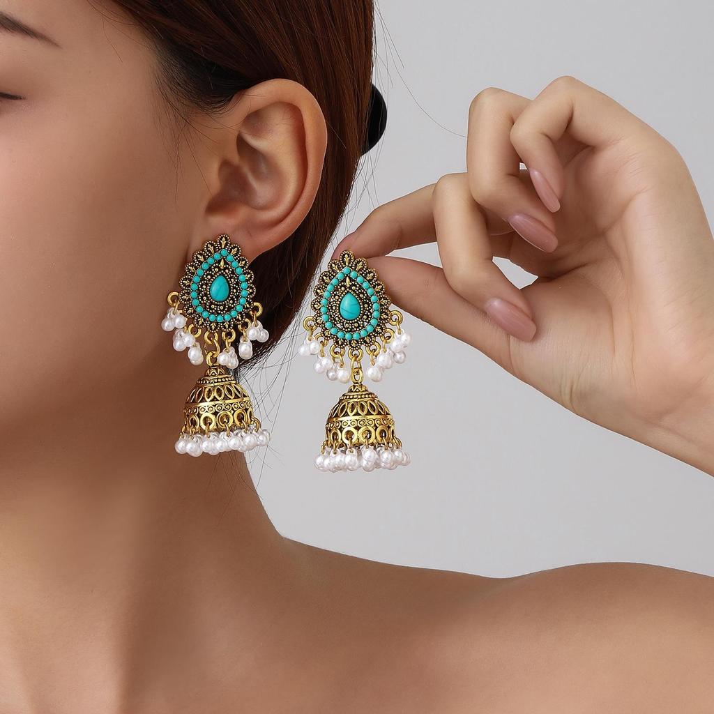Bohemian Turquoise Tassel Pearl Bell Earrings